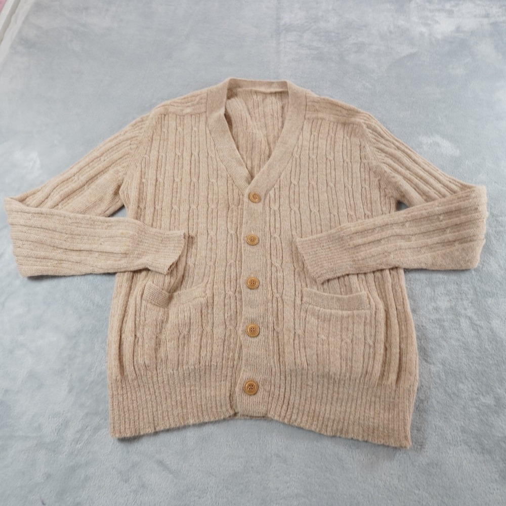 Unbranded Cable Knit Cardigan Mens S Beige Grandpa Preppy V Neck Pockets Sweater